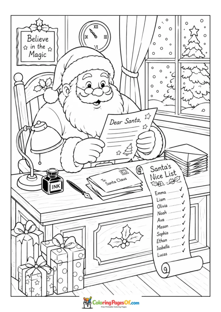 Weihnachten Ausmalbild: Weihnachtsmann liest Weihnachtsbriefe