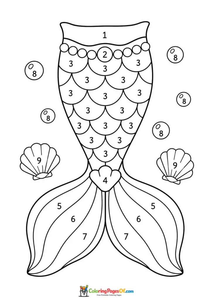 Scalloped Mermaid Tail with Shells – Color by Number coloring page