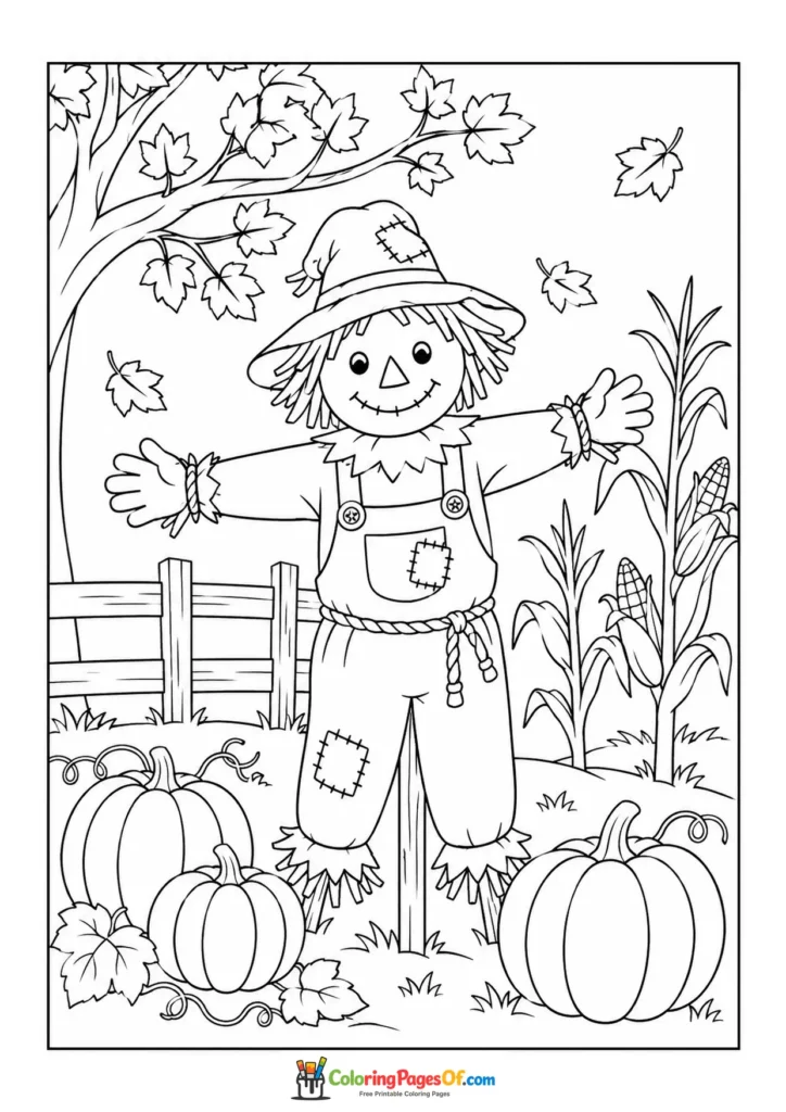 Fall coloring page featuring scarecrow in a pumpkin field
