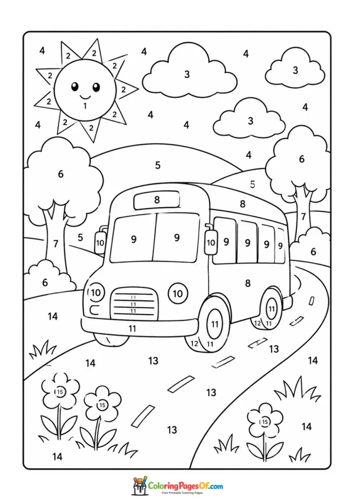 School Bus on Country Road color by number coloring page