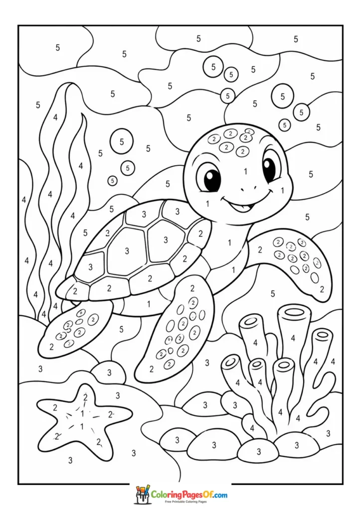 Sea Turtle on Coral Reef color by number coloring page