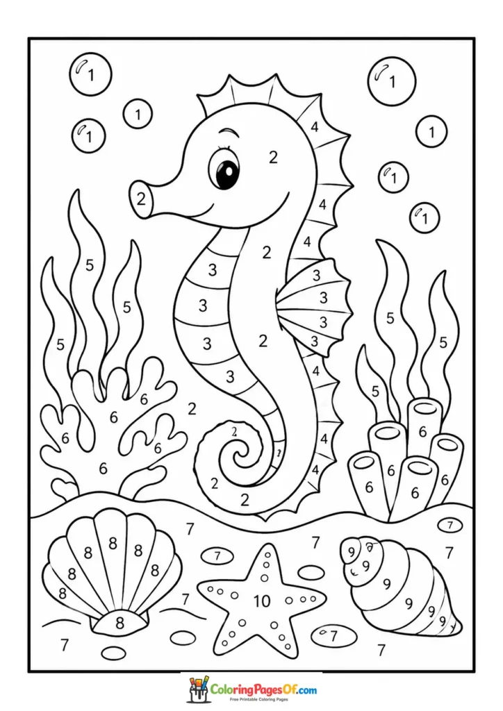 Seahorse in Underwater Garden color by number coloring page