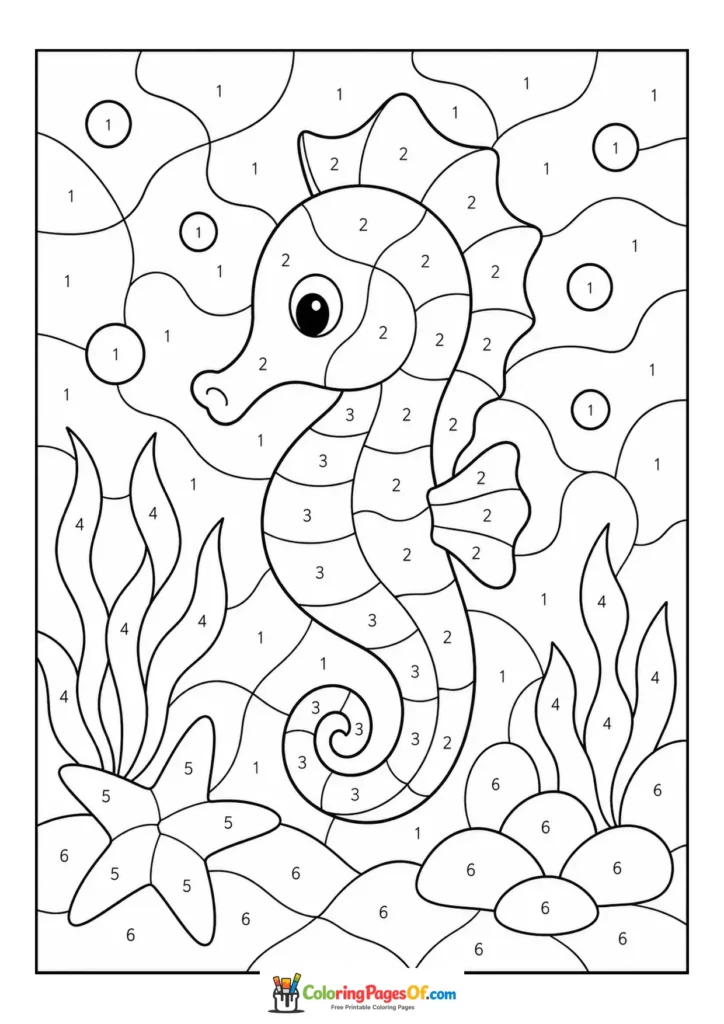 Seahorse on Coral Reef color by number coloring page
