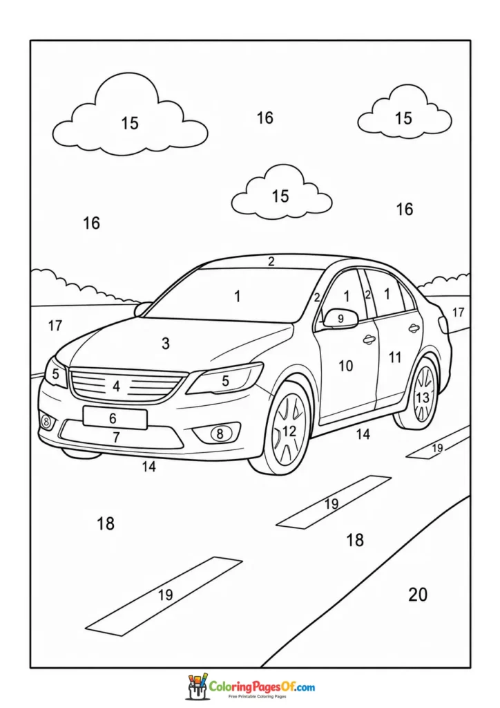 Sedan on Highway color by number coloring page