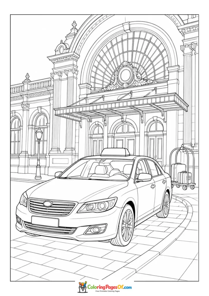 Sedan outside a historic railway station coloring page