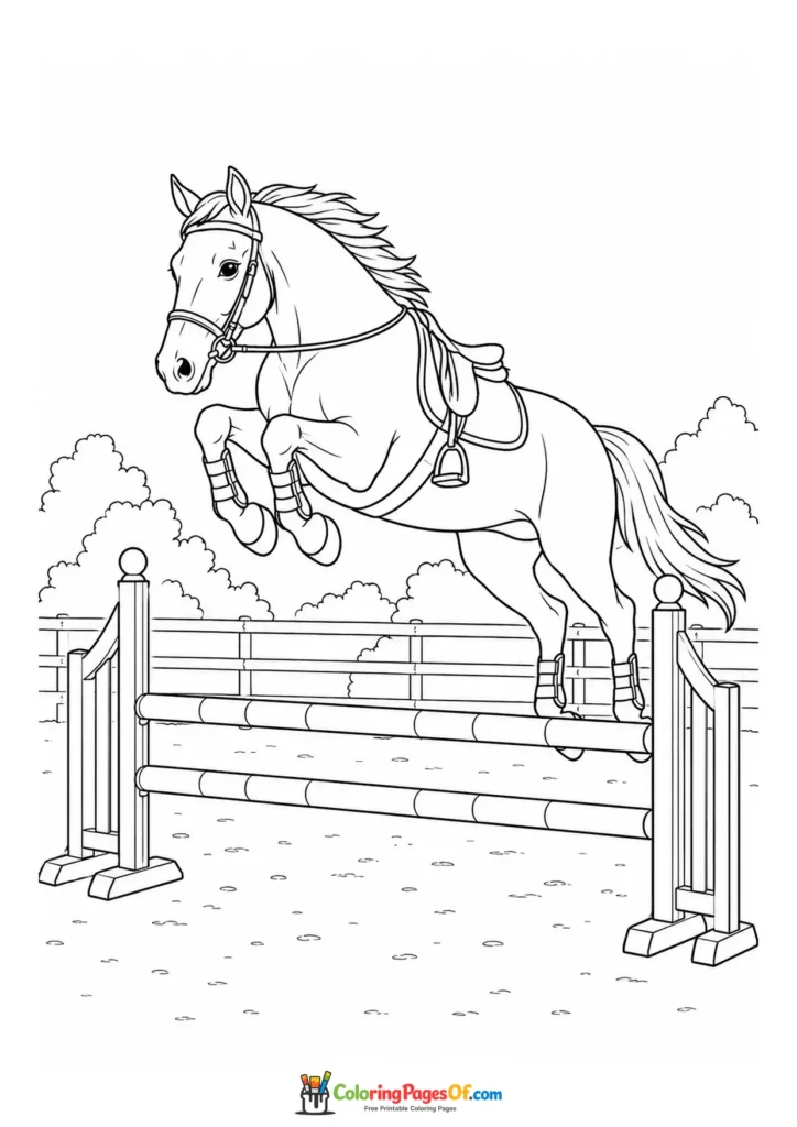 Show jumping horse clearing a fence coloring page