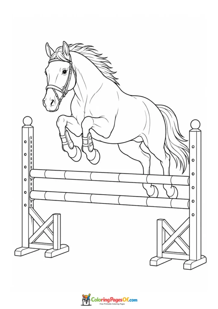 Show jumping horse in mid-jump coloring page