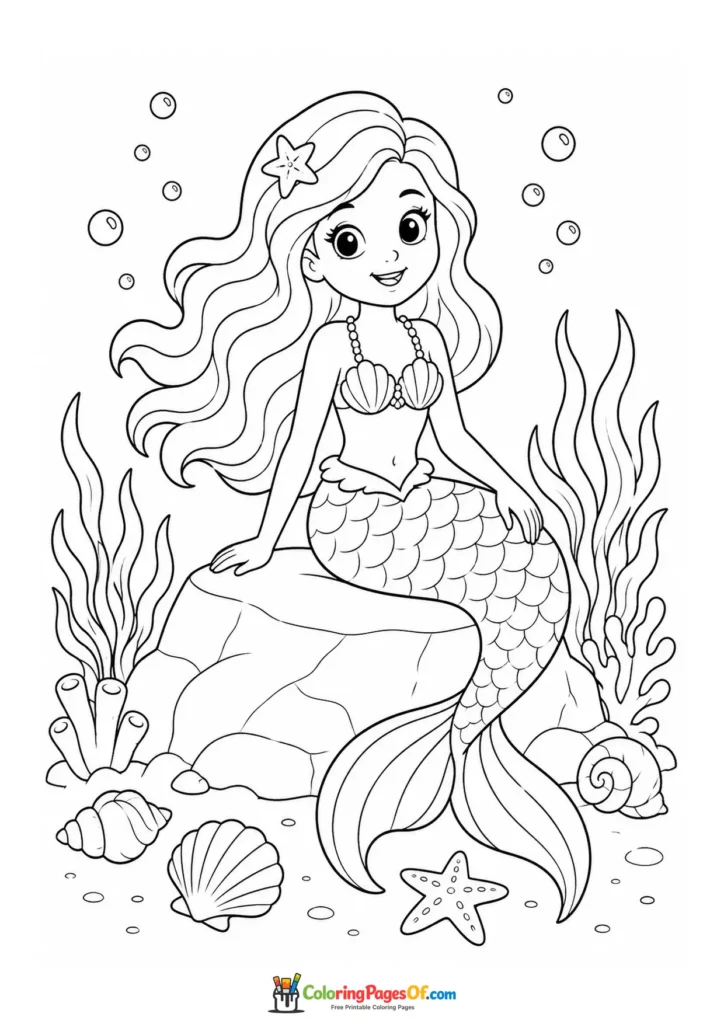 Simple Mermaid Sitting on a Rock coloring page