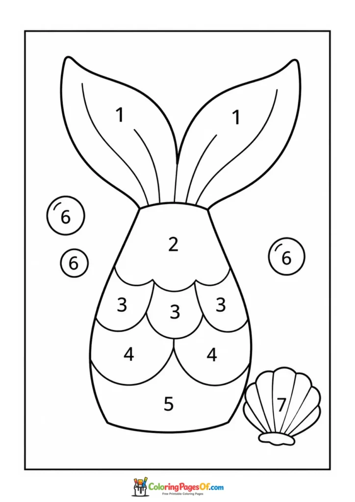 Simple Mermaid Tail with Shells – Color by Number coloring page