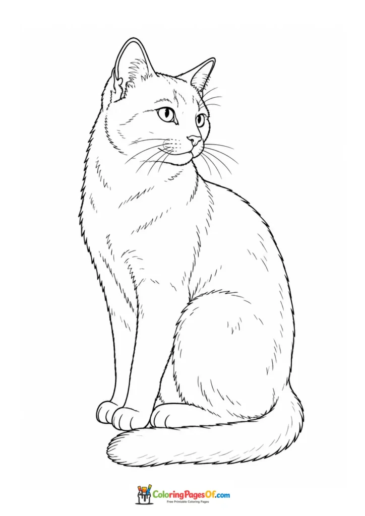 Sitting cat in profile – printable black and white coloring page