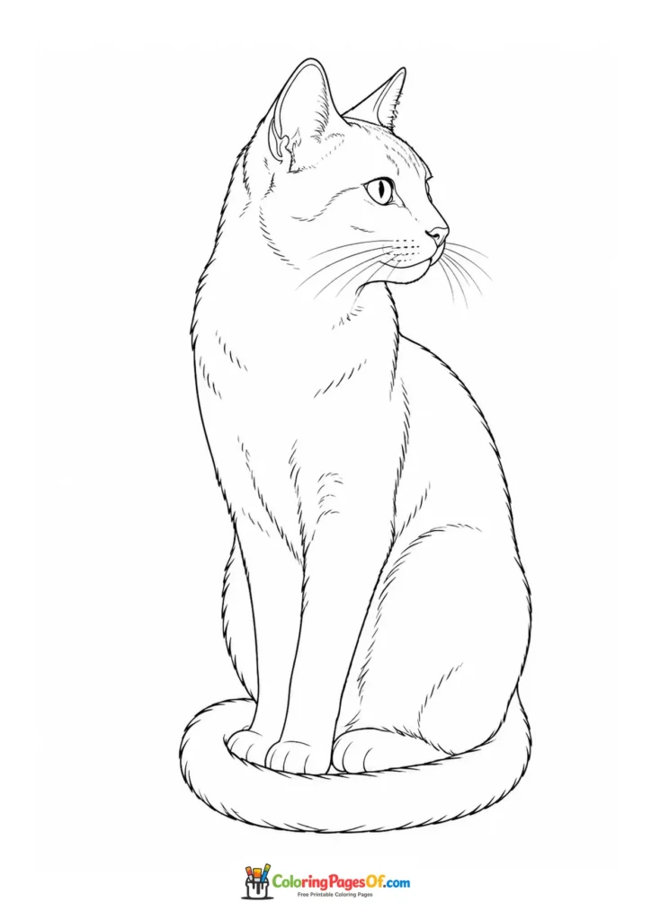 Sitting cat in side view – printable black and white coloring page