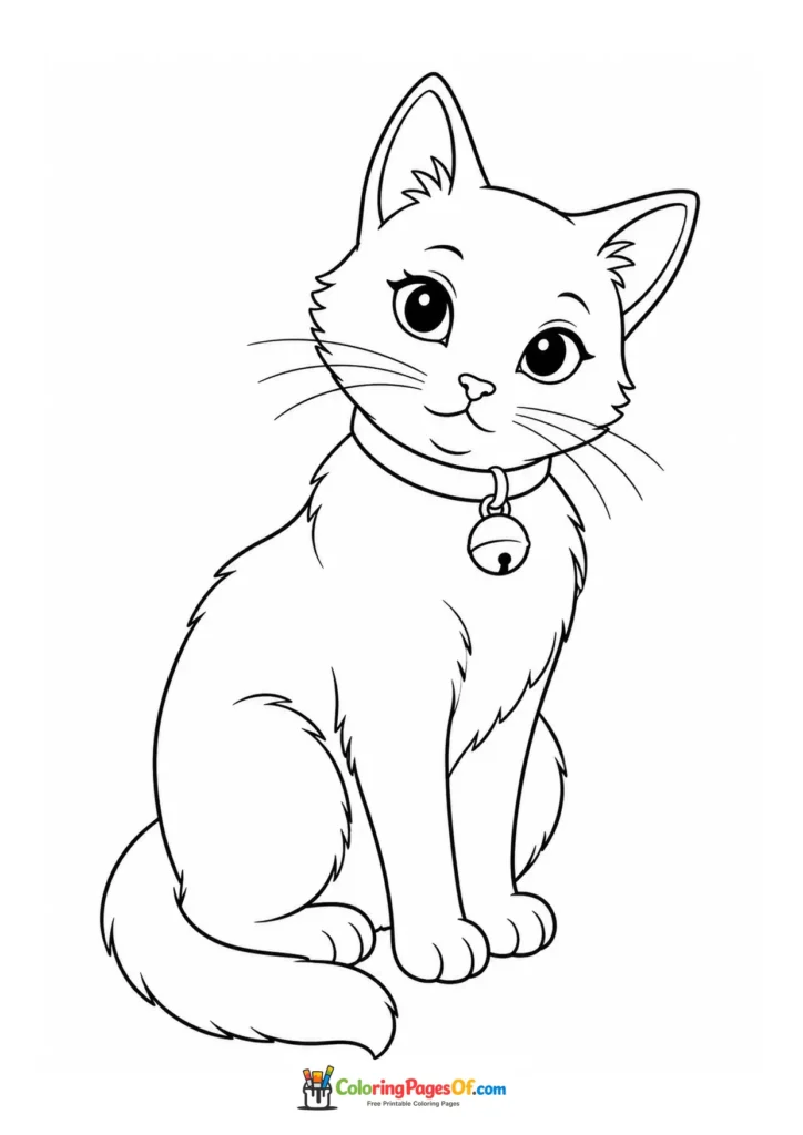 Sitting cat with a bell collar – printable black and white coloring page