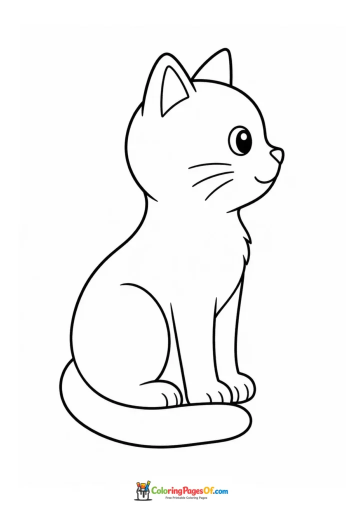 Sitting kitten in profile – printable black and white coloring page