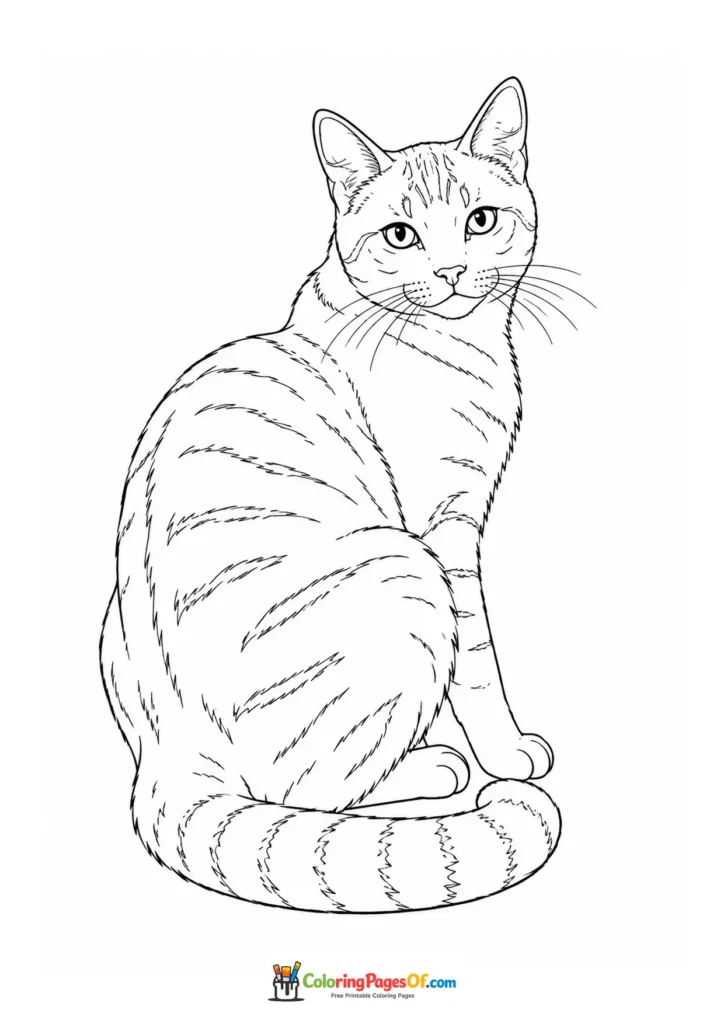 Sitting tabby cat in side view – printable black and white coloring page