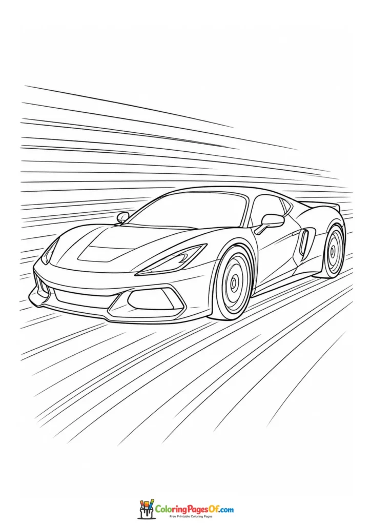 Sleek supercar speeding forward coloring page
