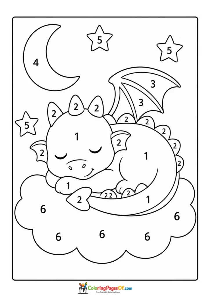 Sleeping Dragon on a Cloud Color by Number with clear numbered coloring areas for kids