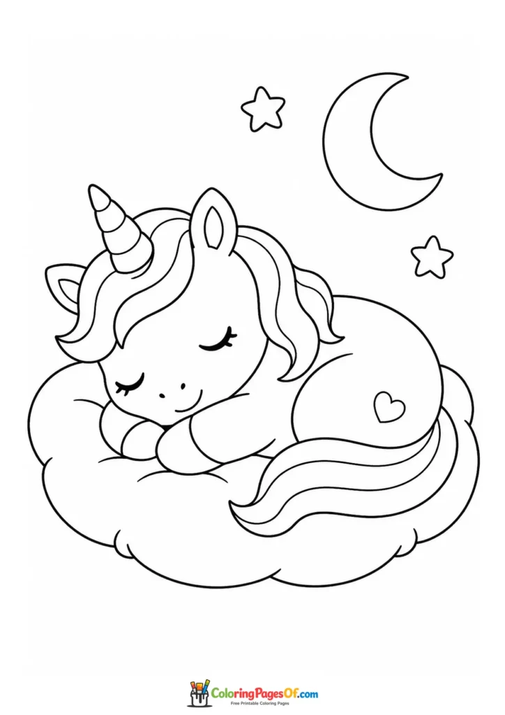 Sleeping Kawaii Unicorn on a Cloud coloring page