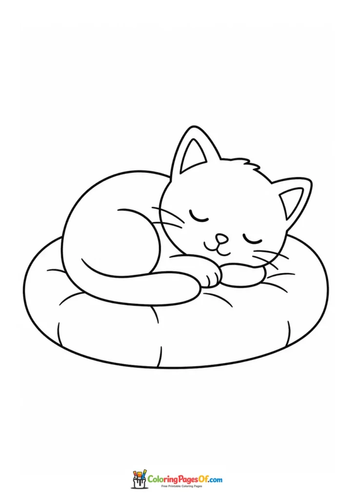 Sleeping kitten in a soft bed – printable black and white coloring page