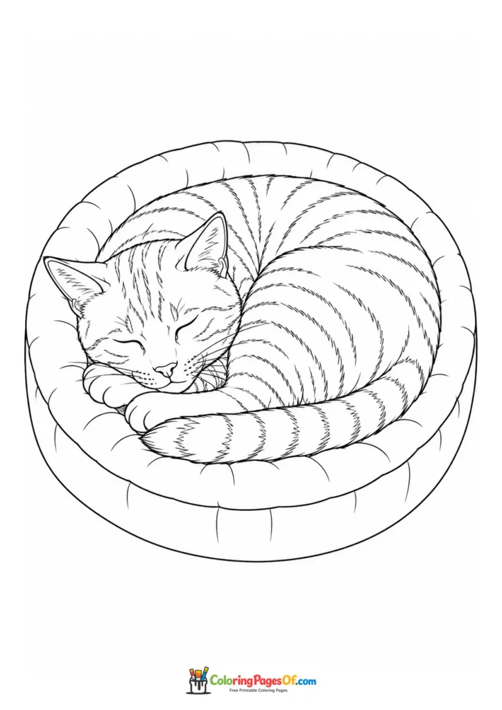 Sleeping tabby cat on a round bed – printable black and white coloring page