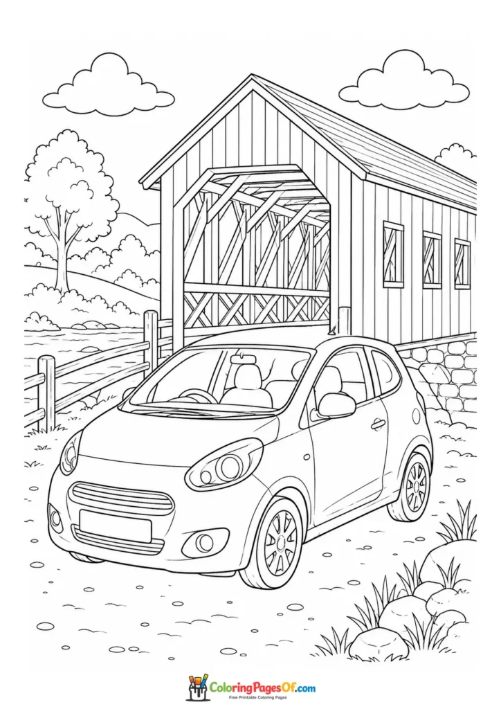 Small car by a wooden covered bridge coloring page