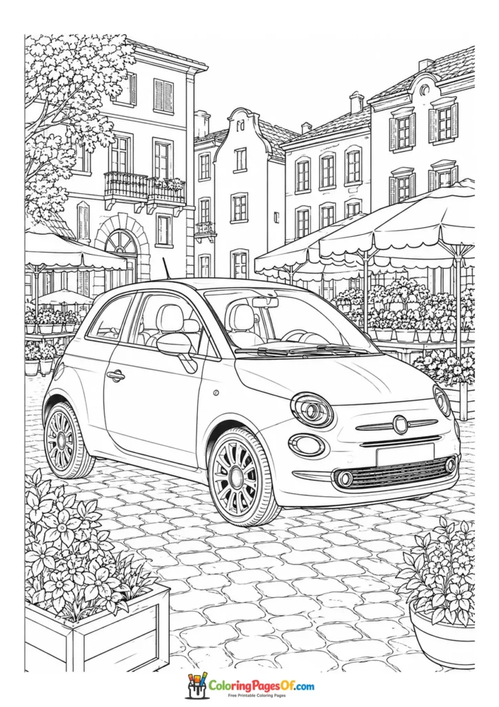 Printable small city car in a european town square coloring picture