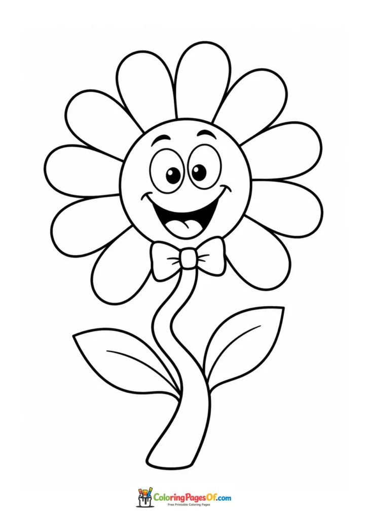Funny daisy character with a big smile and bow tie coloring page