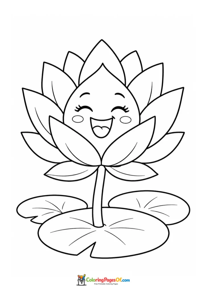 Cute smiling lotus flower standing above lily pads coloring page