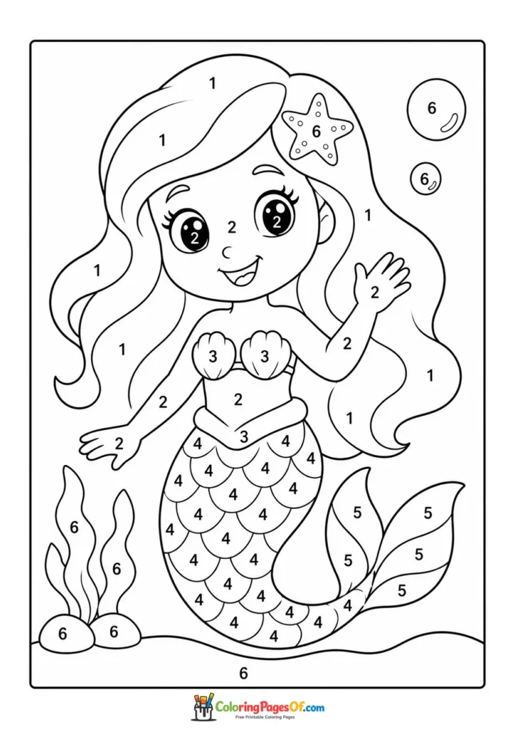 Smiling Mermaid with a Seashell – Color by Number coloring page