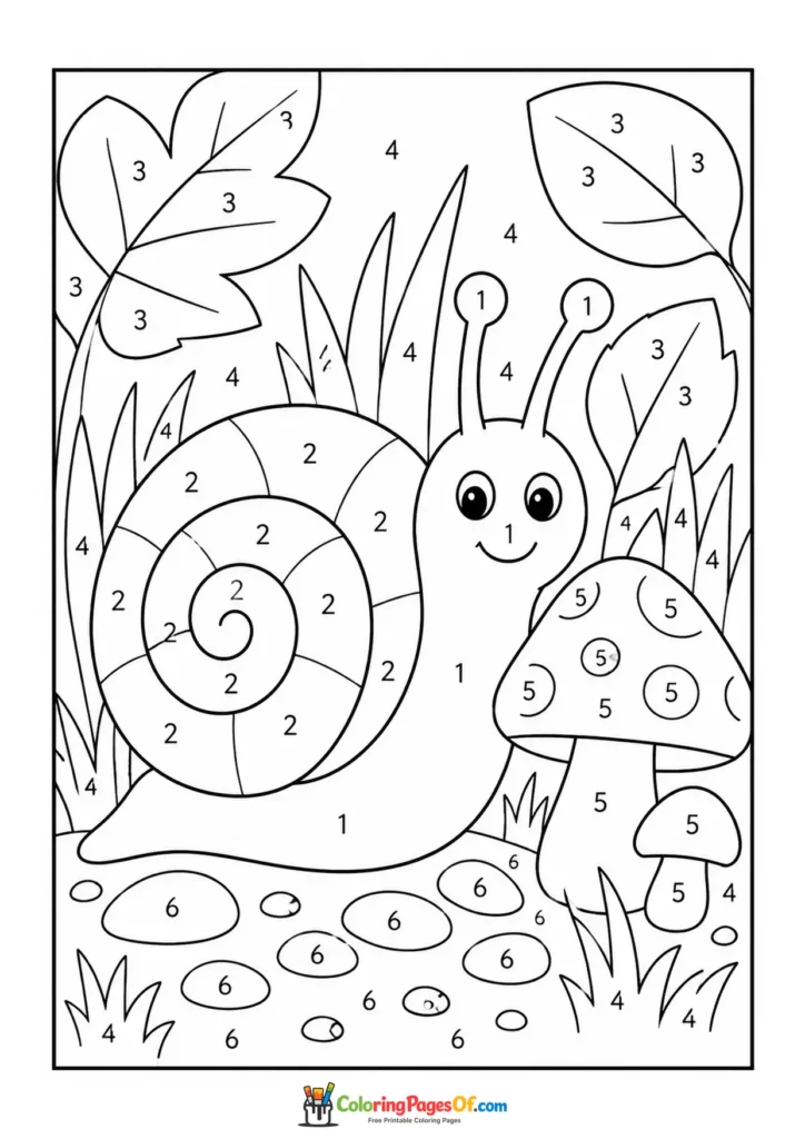 Snail by Mushroom color by number coloring page