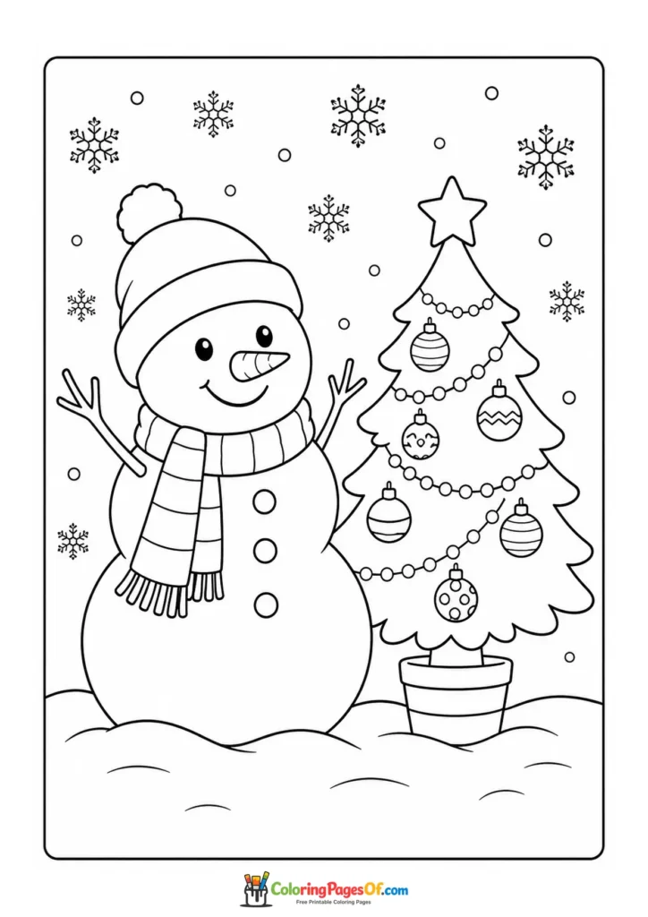 Weihnachten Ausmalbild: Schneemann neben dem Weihnachtsbaum