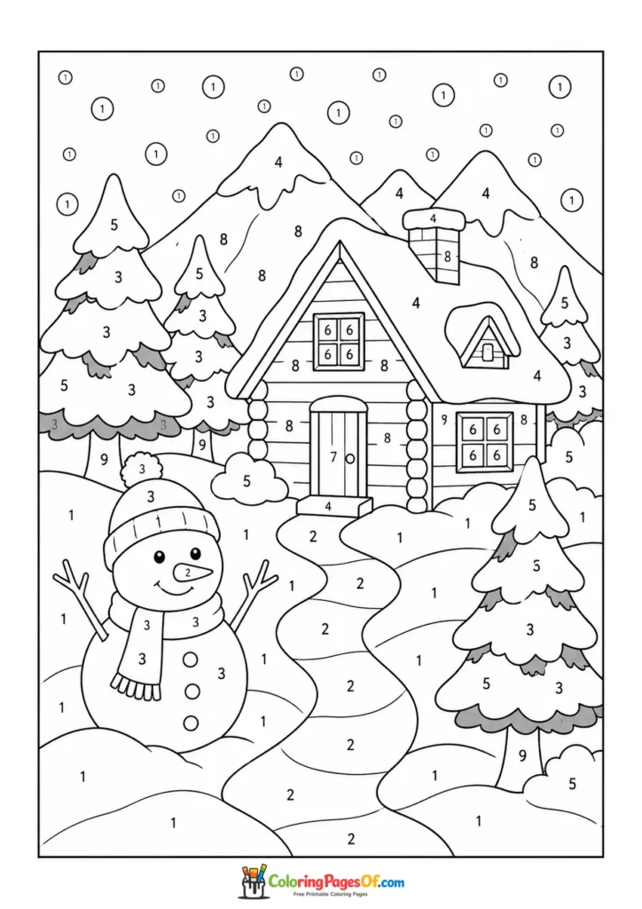 Snowman by Winter Cabin color by number coloring page