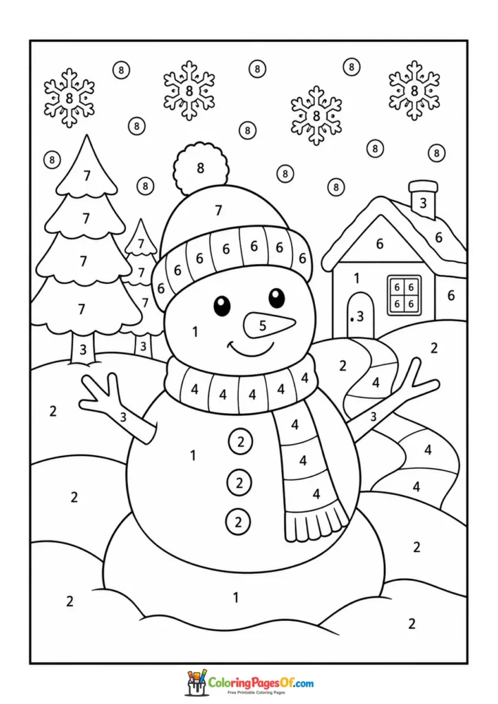 Snowman in Winter Village color by number coloring page