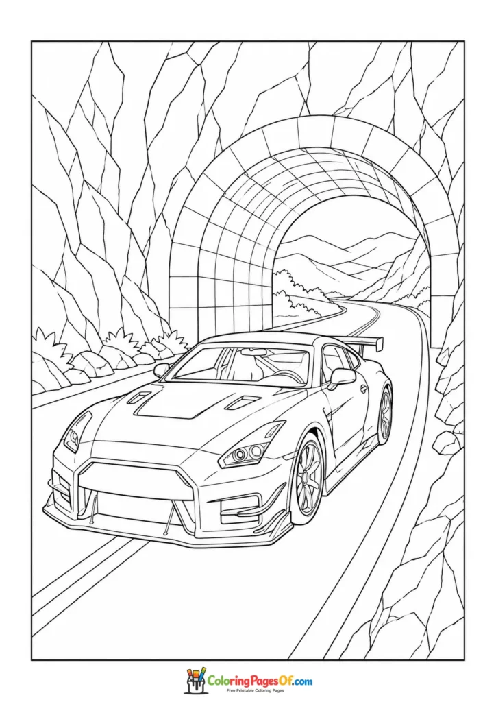 Sports car driving through a mountain tunnel printable coloring sheet
