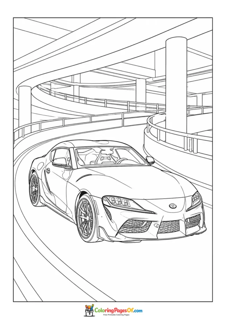 Sports car in a parking garage coloring page