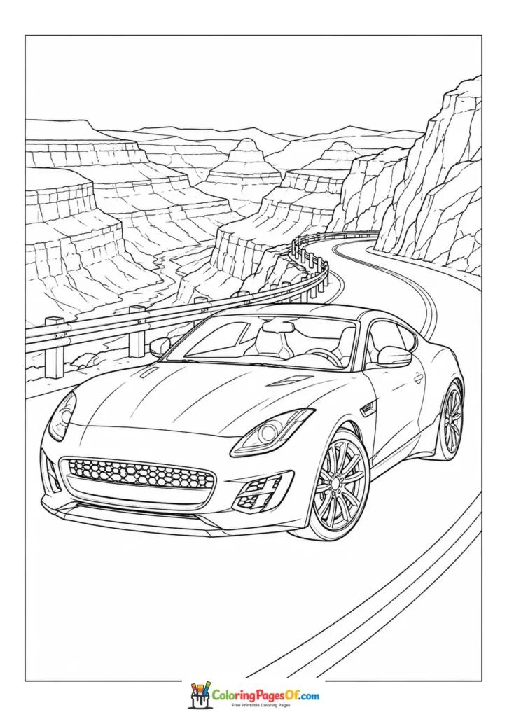 Black and white sports car on a canyon road coloring page
