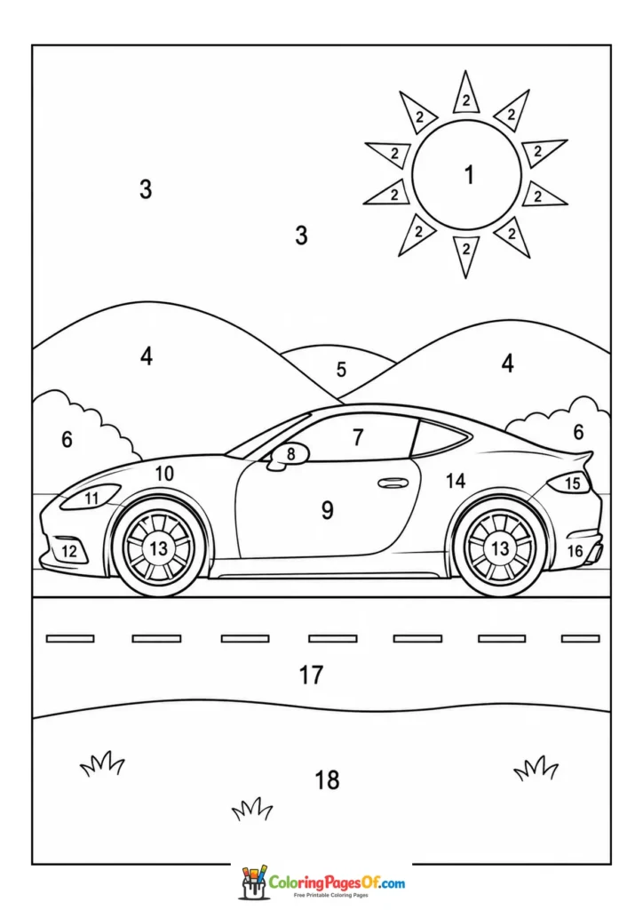 Sports Car on Open Road color by number coloring page