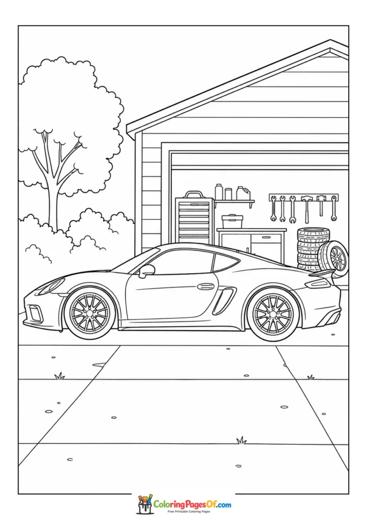 Sports car parked in a garage driveway coloring page