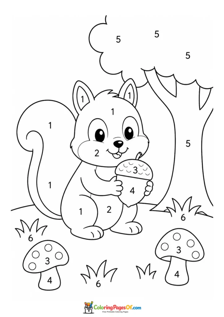 Squirrel with Acorn color by number coloring page