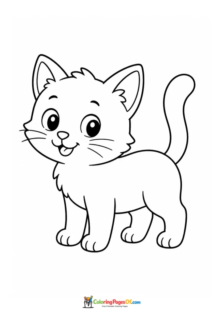 Standing fluffy kitten – printable black and white coloring page