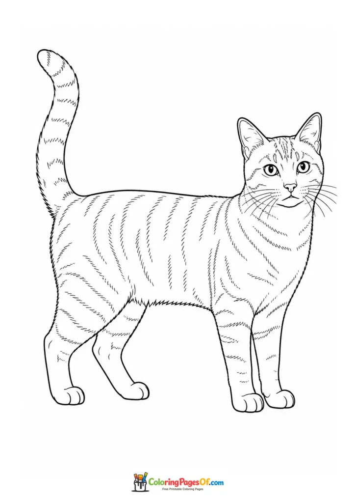 Standing tabby cat – printable black and white coloring page