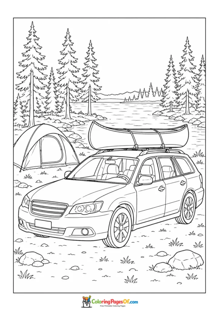Black and white station wagon at a lakeside campsite with a canoe coloring page