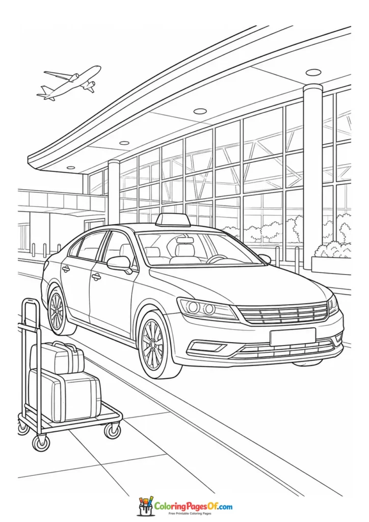 Printable station wagon at an airport terminal coloring picture