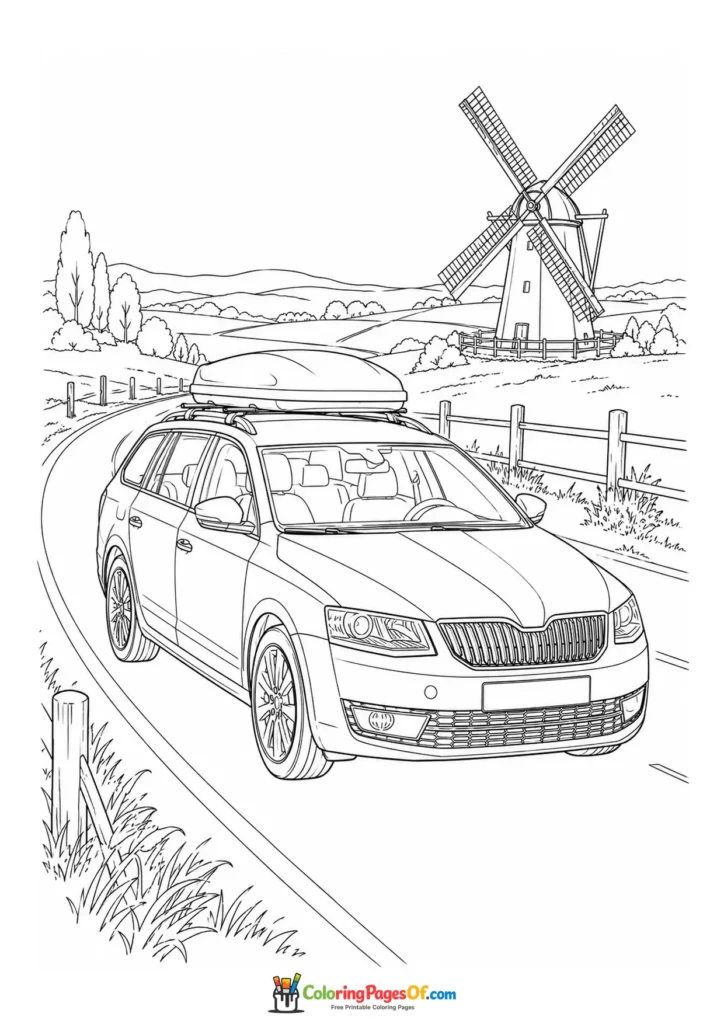 Printable station wagon on a countryside road with a windmill coloring picture