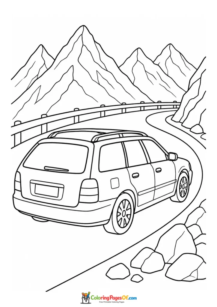 Printable station wagon on a mountain curve coloring picture