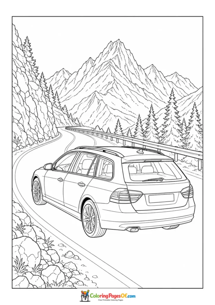 Station wagon on a scenic mountain pass printable coloring sheet