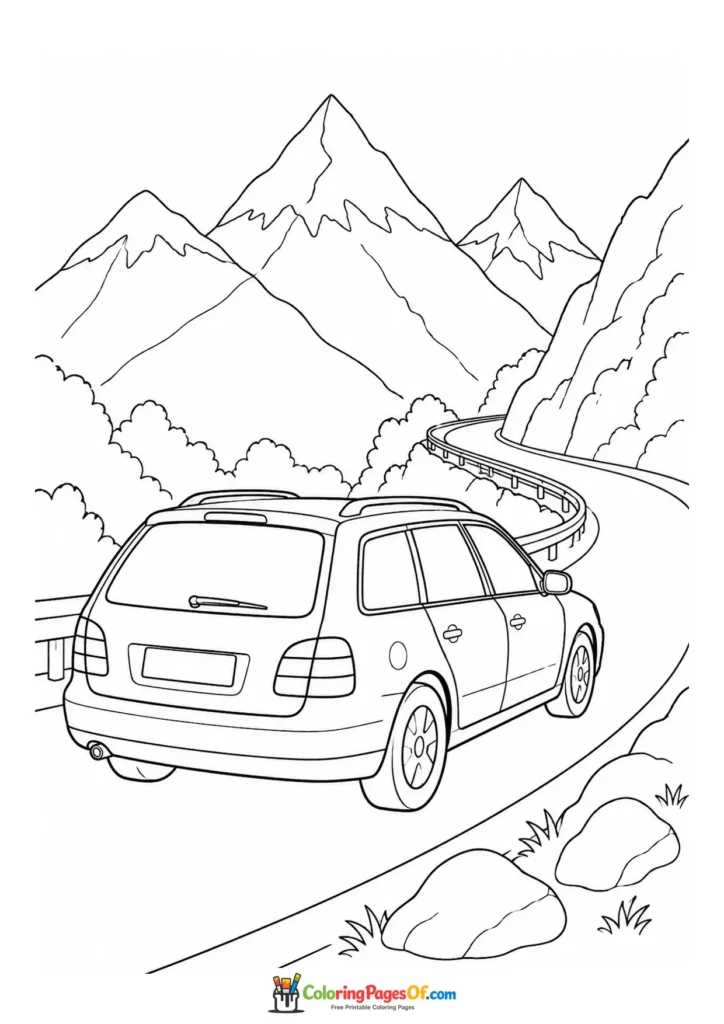 Station wagon on a winding mountain road printable coloring sheet
