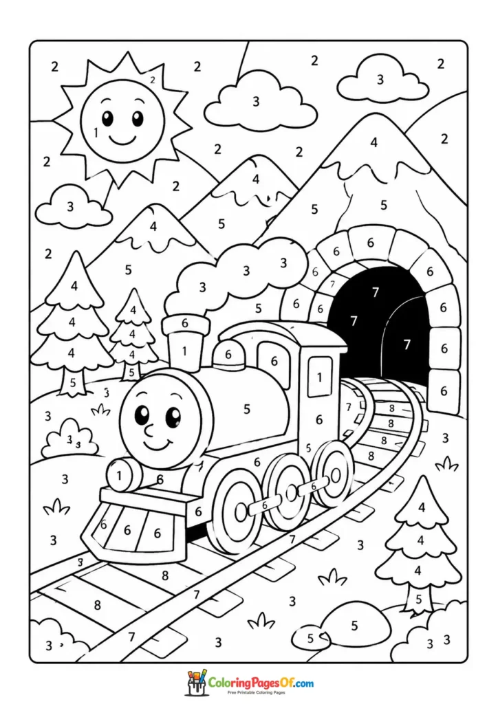 Steam Train Entering Mountain Tunnel color by number coloring page