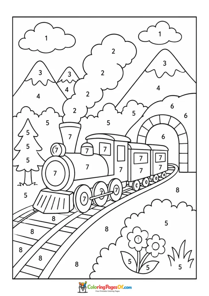 Steam Train Through Mountains color by number coloring page