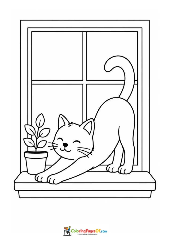 Stretching cat by a window – printable black and white coloring page