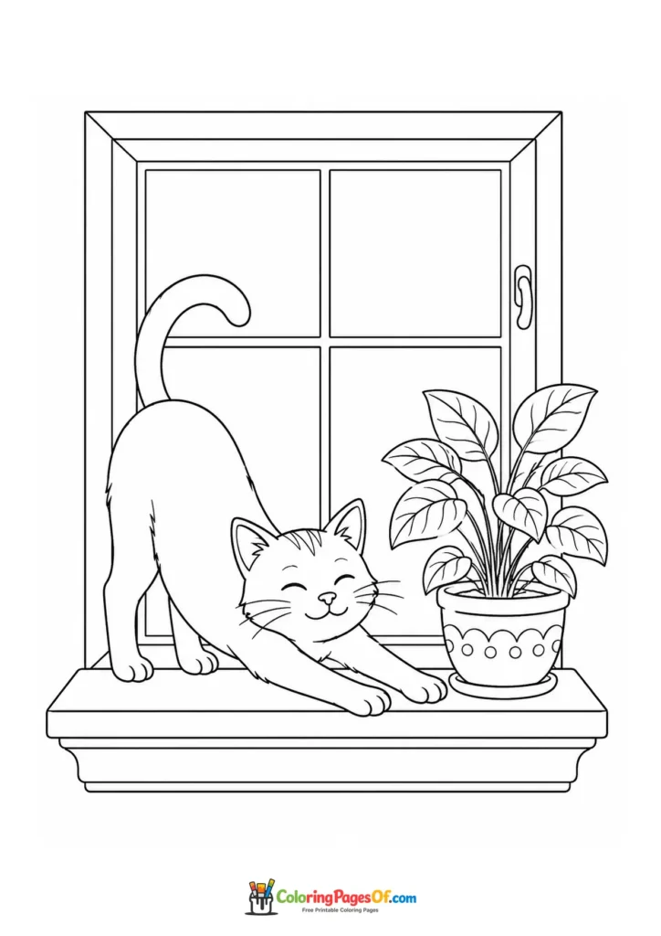 Stretching cat on a windowsill – printable black and white coloring page